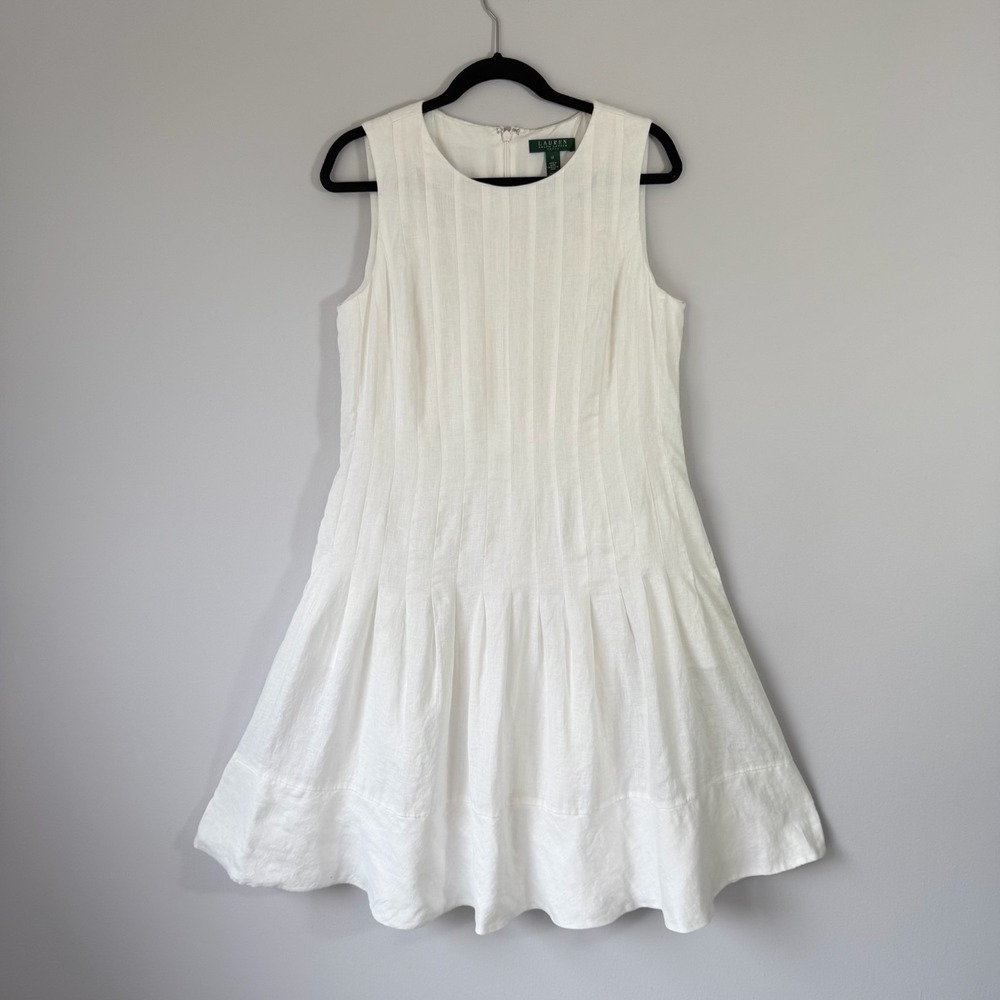 LRL Ralph Lauren Linen Midi Dress White Sleeveless Pockets Fit Flare Coastal 14